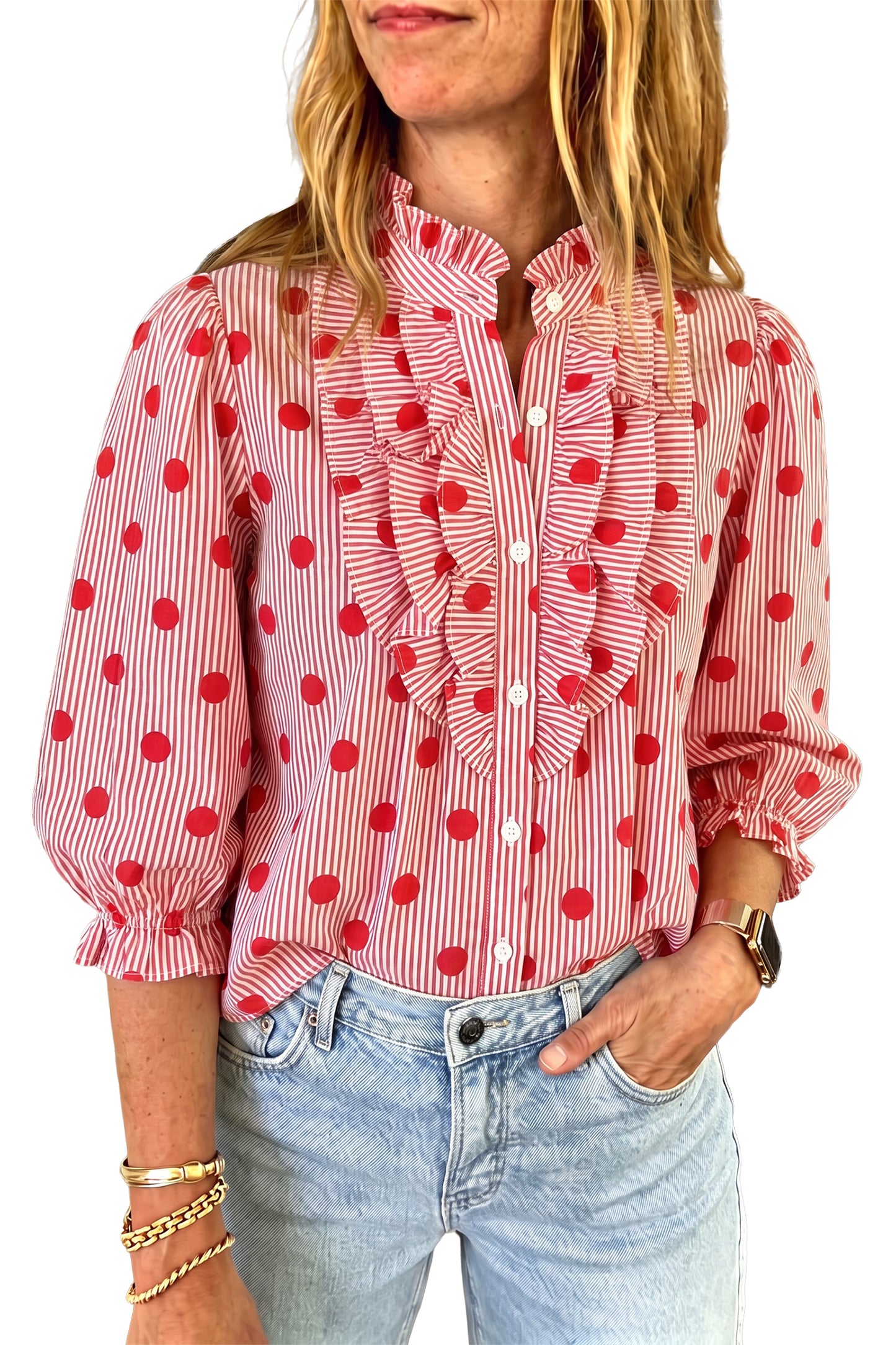 Polka Dot Striped Print Ruffle Stand Neck 3/4 Sleeve Shift Shirt