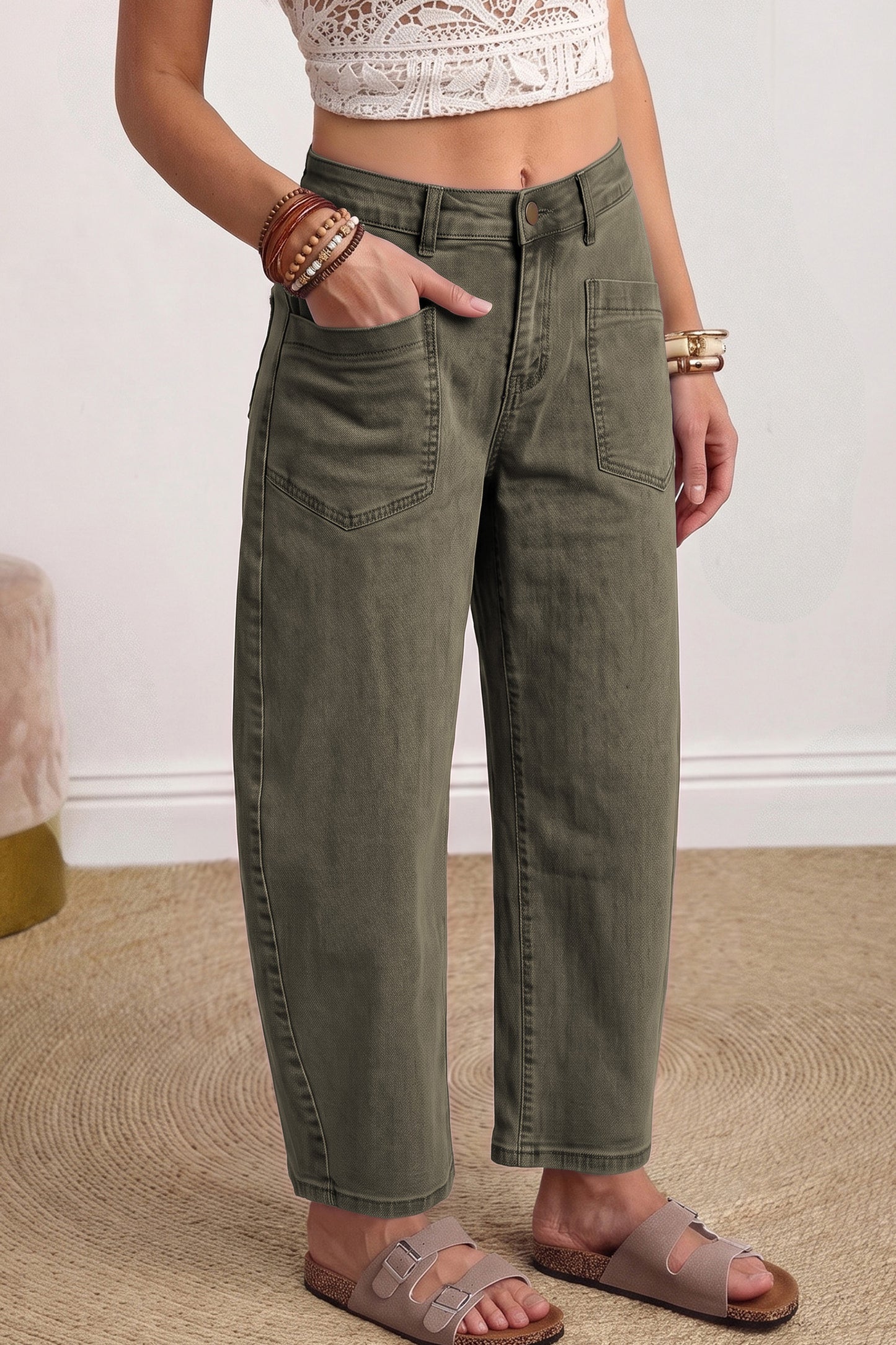 Square Patch Pocket Ankle-length Barrel Jeans