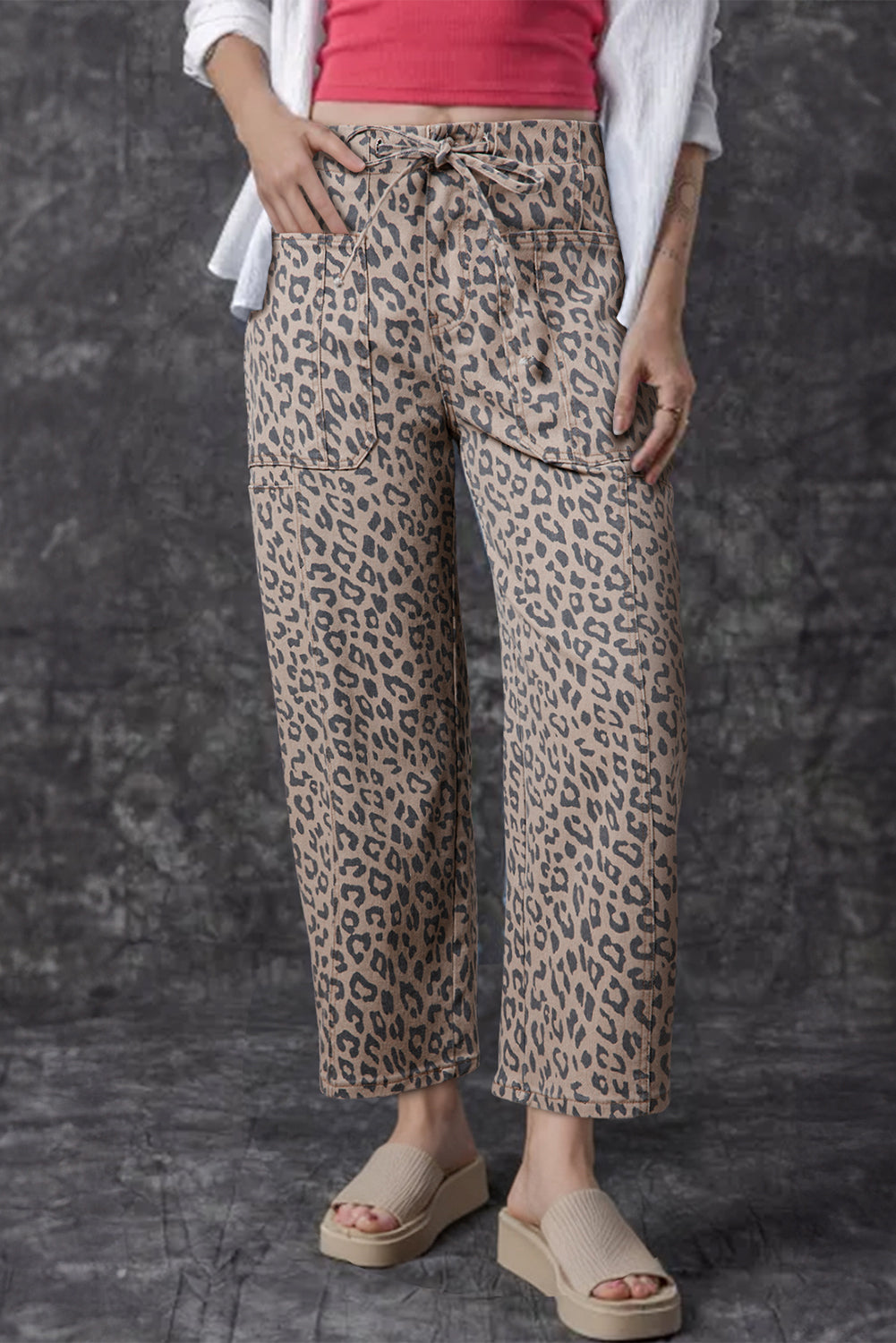 Leopard Printed Drawstring Elastic Waistband Pocketed Barrel Jeans