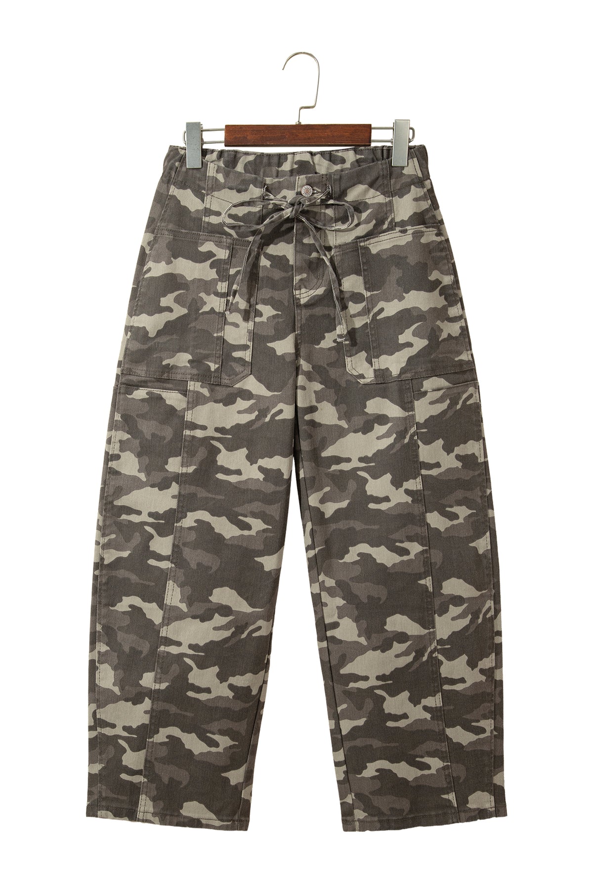 Leopard Printed Drawstring Elastic Waistband Pocketed Barrel Jeans