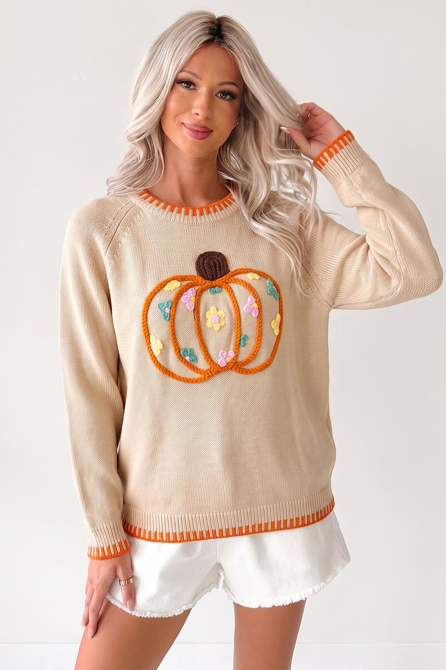 Floral Embroidery Pumpkin Long Sleeve Round Neck Sweater