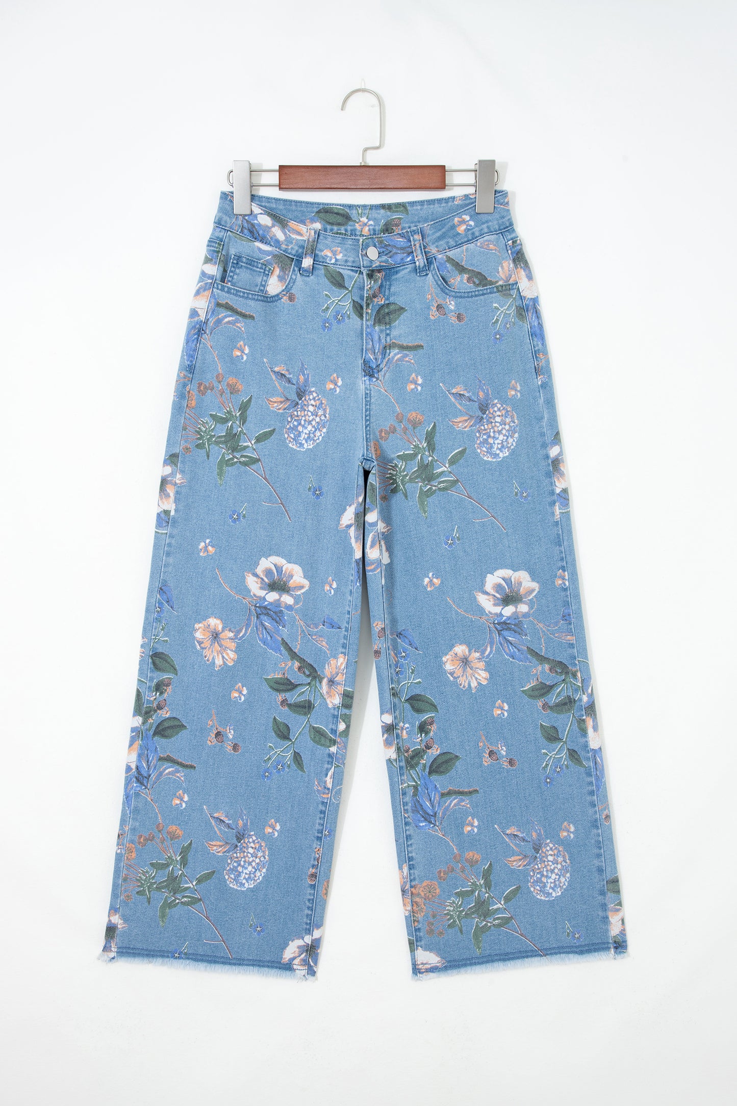Retro Floral Print Frayed Hem Shift Jeans