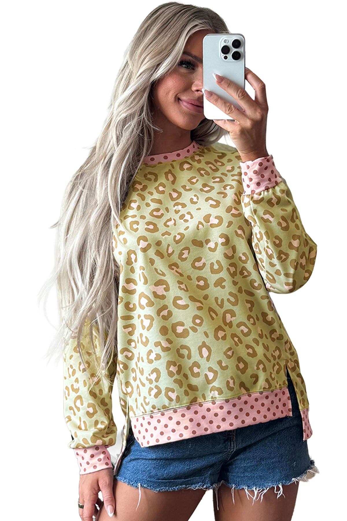 Leopard Polka Dot Colorblock Trim Long Sleeve Top