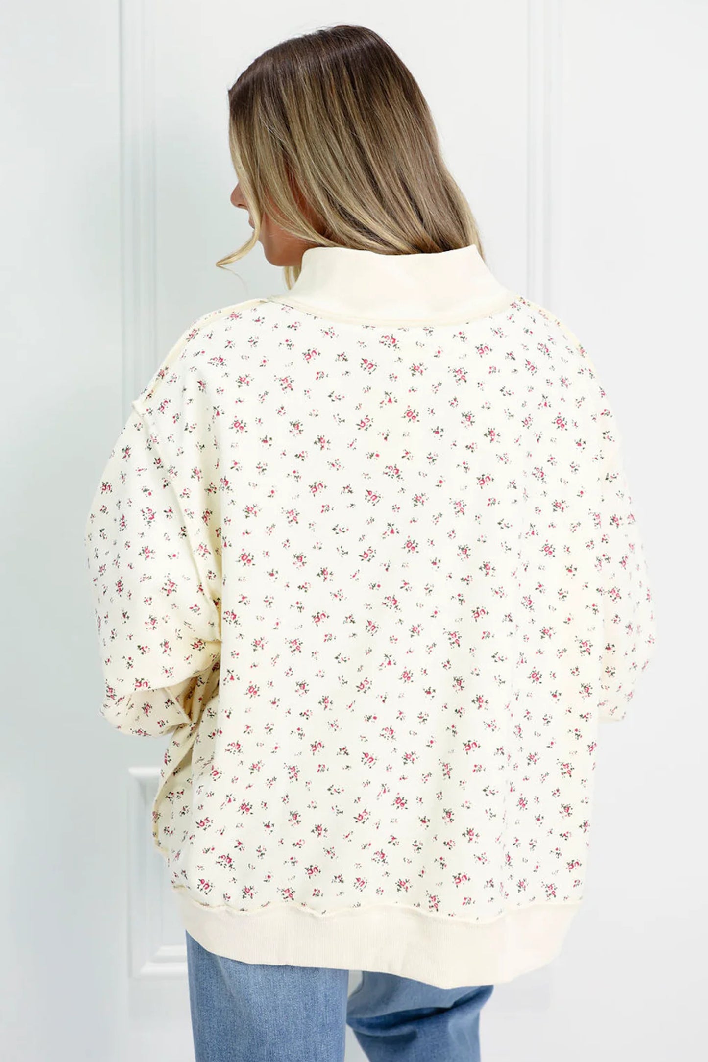 High Neck Patchwork Floral Print Baggy Pullover Sweatshirt
