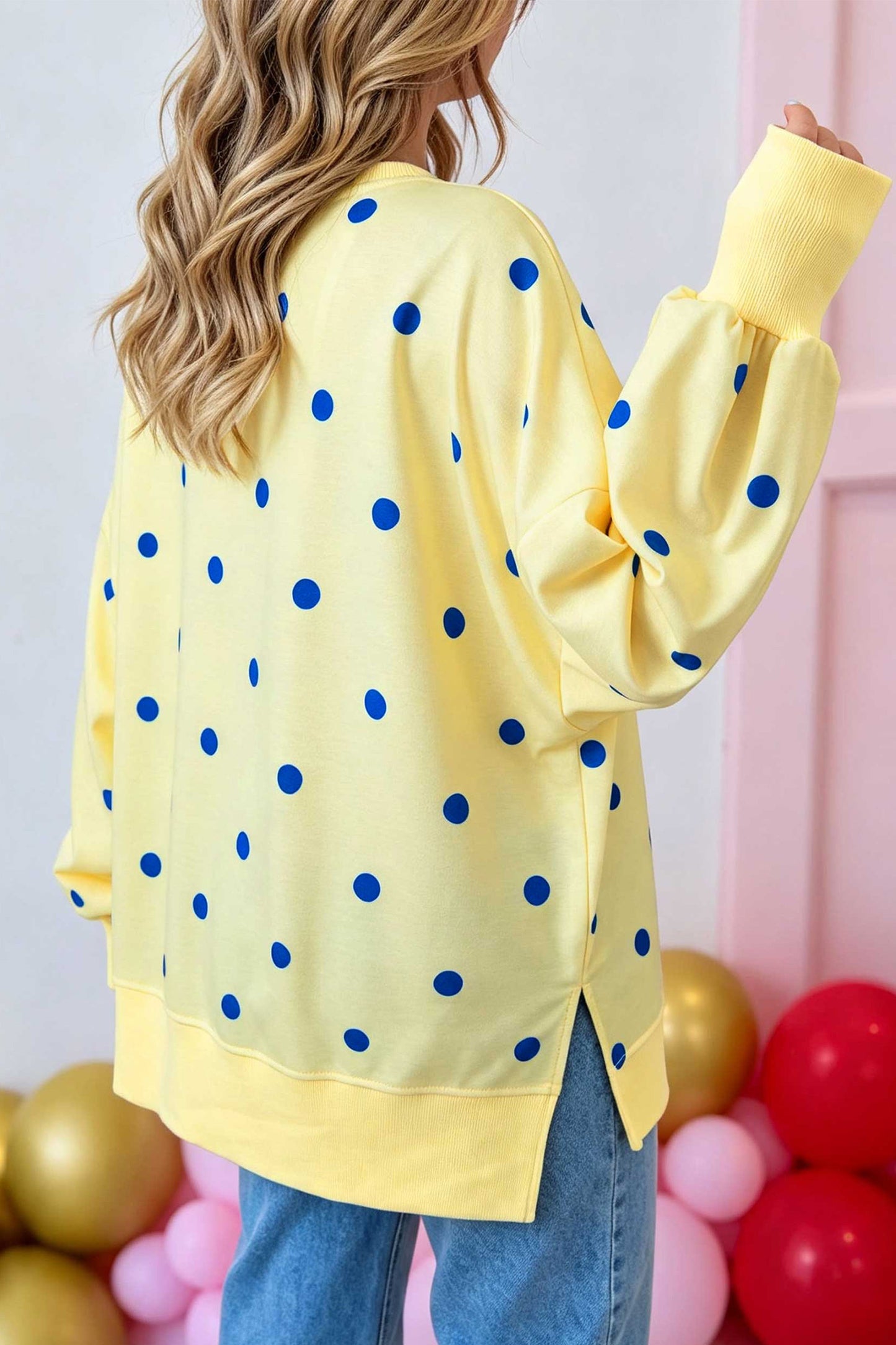 Polka Dot Loose Long Sleeve Split Hem Pullover Top