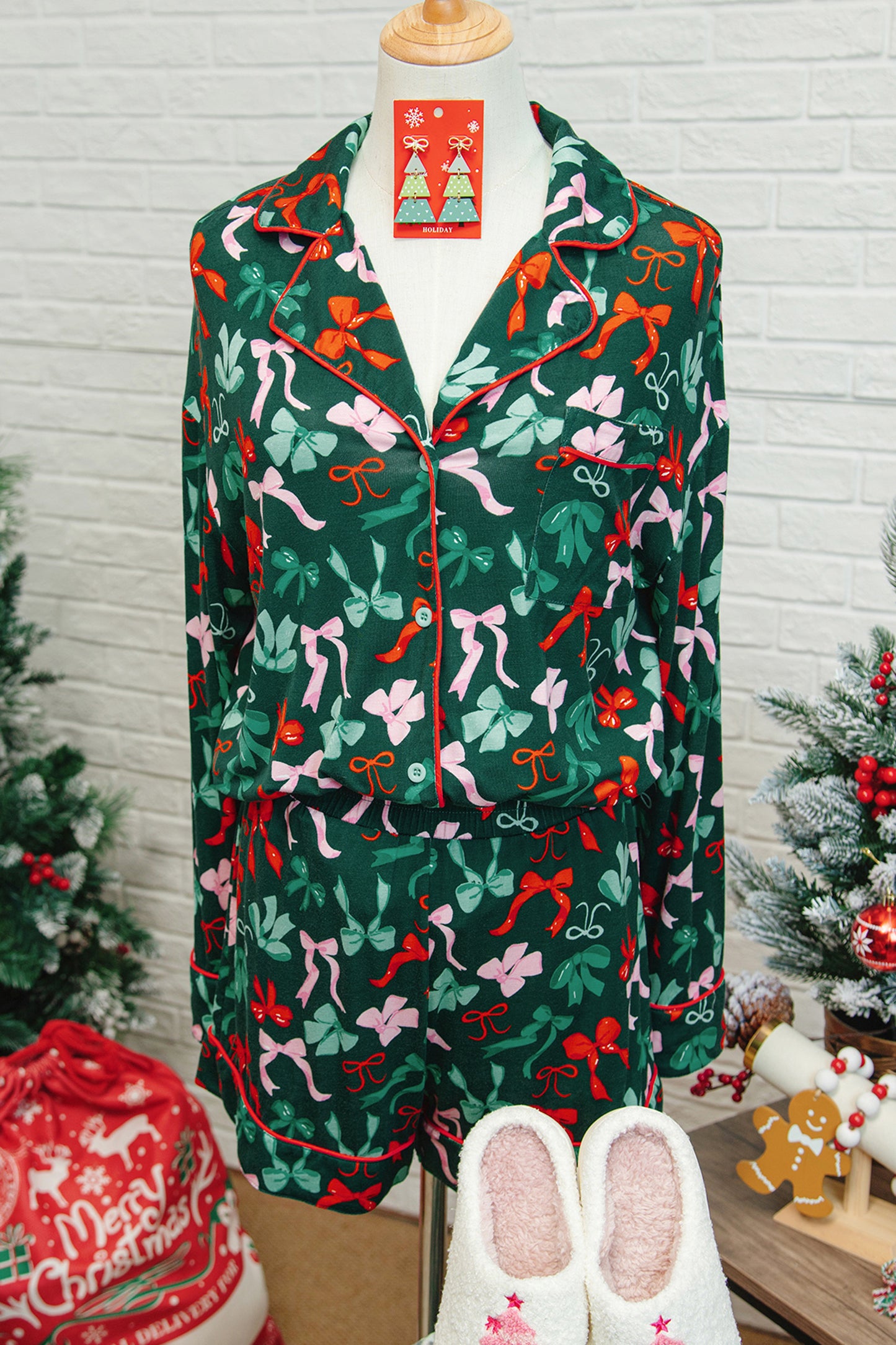Bow Print Long Sleeve Shirt and Pajama Short Set