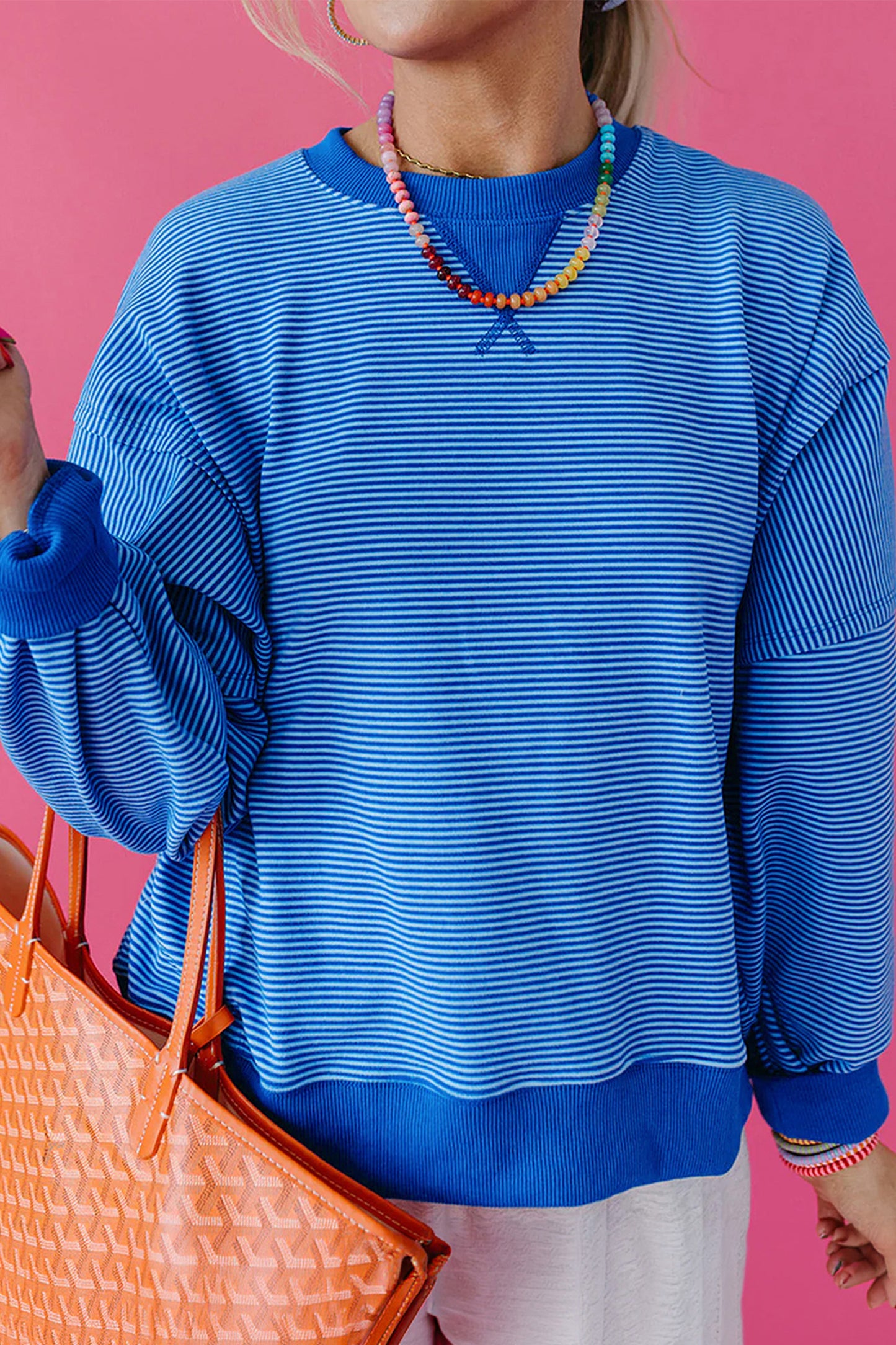Stripe Ribbed Cuffs Hem Long Sleeve Pullover Top