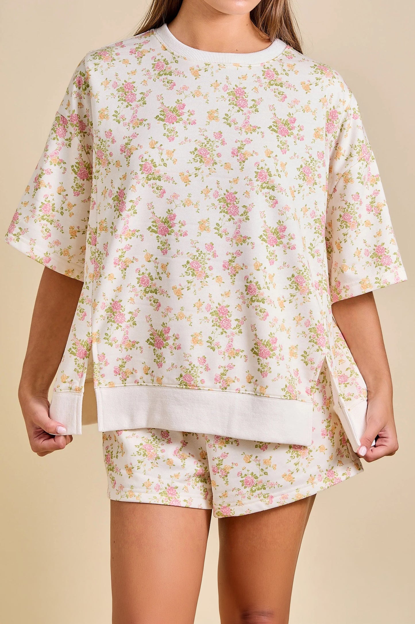Floral Print Short Sleeve Elastic Waist Pocket Two Piece Set