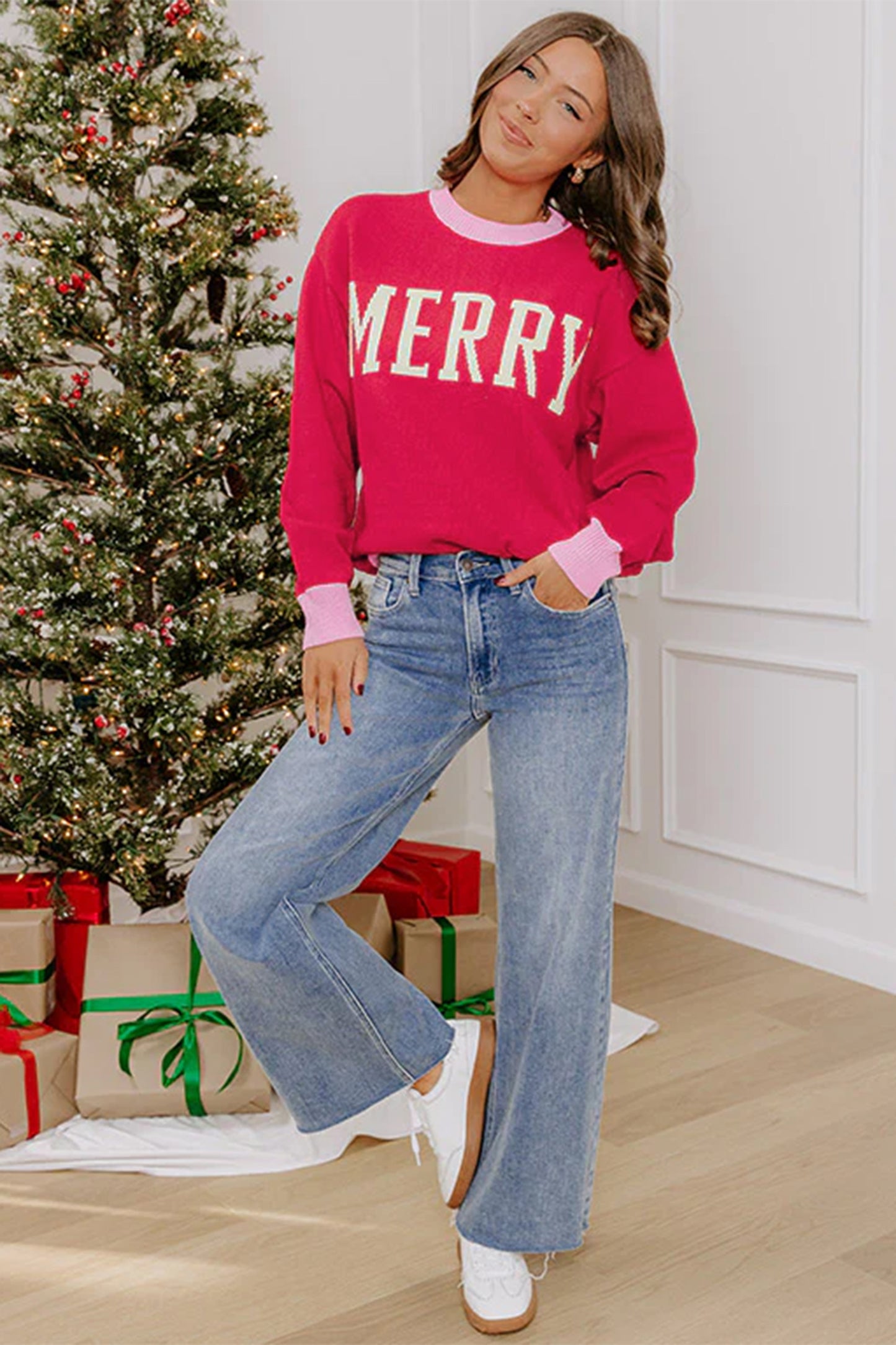 Drop Shoulder Round Neck Letter Print Colorblock Sweater