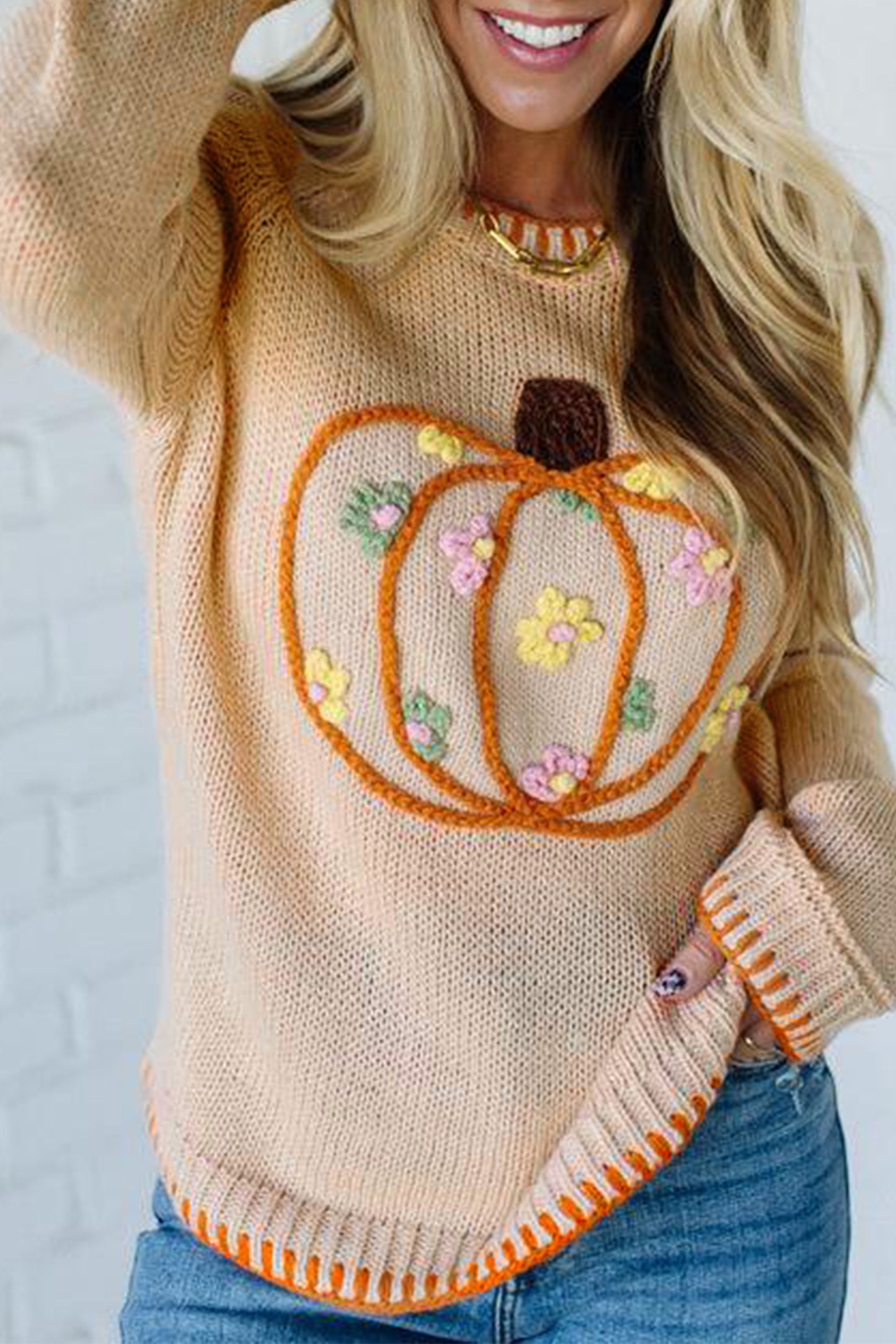 Floral Embroidery Pumpkin Long Sleeve Round Neck Sweater