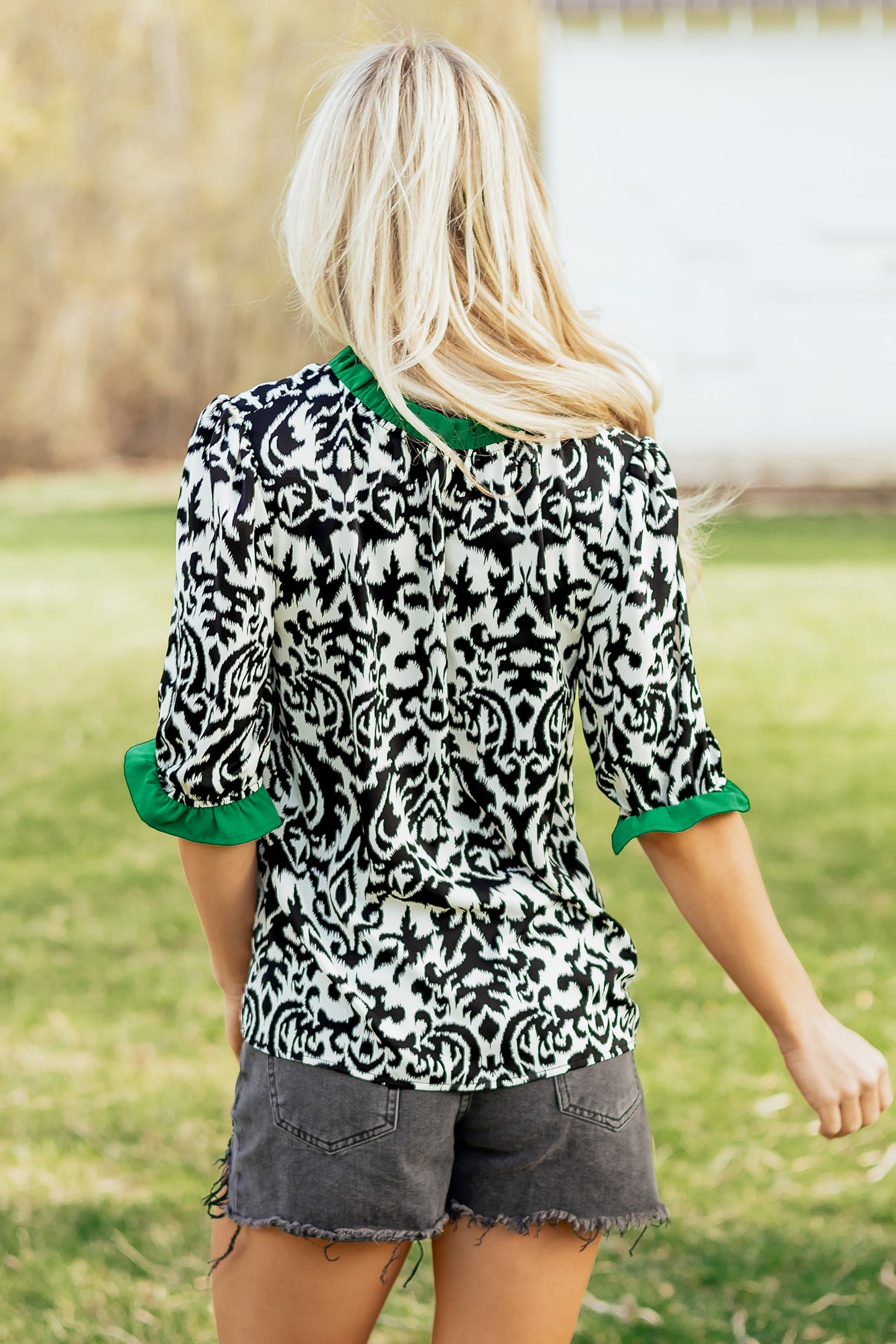 Damask Print Ruffled Color Block Detail Half Sleeve Blouse