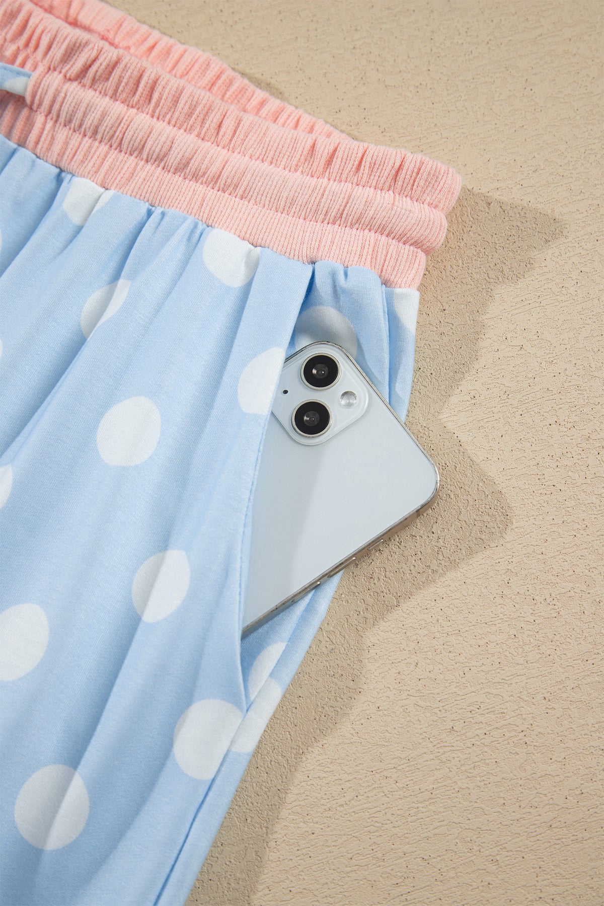 Polka Dot Contrast Trim Long Sleeve Top Drawstring Shift Pants Set