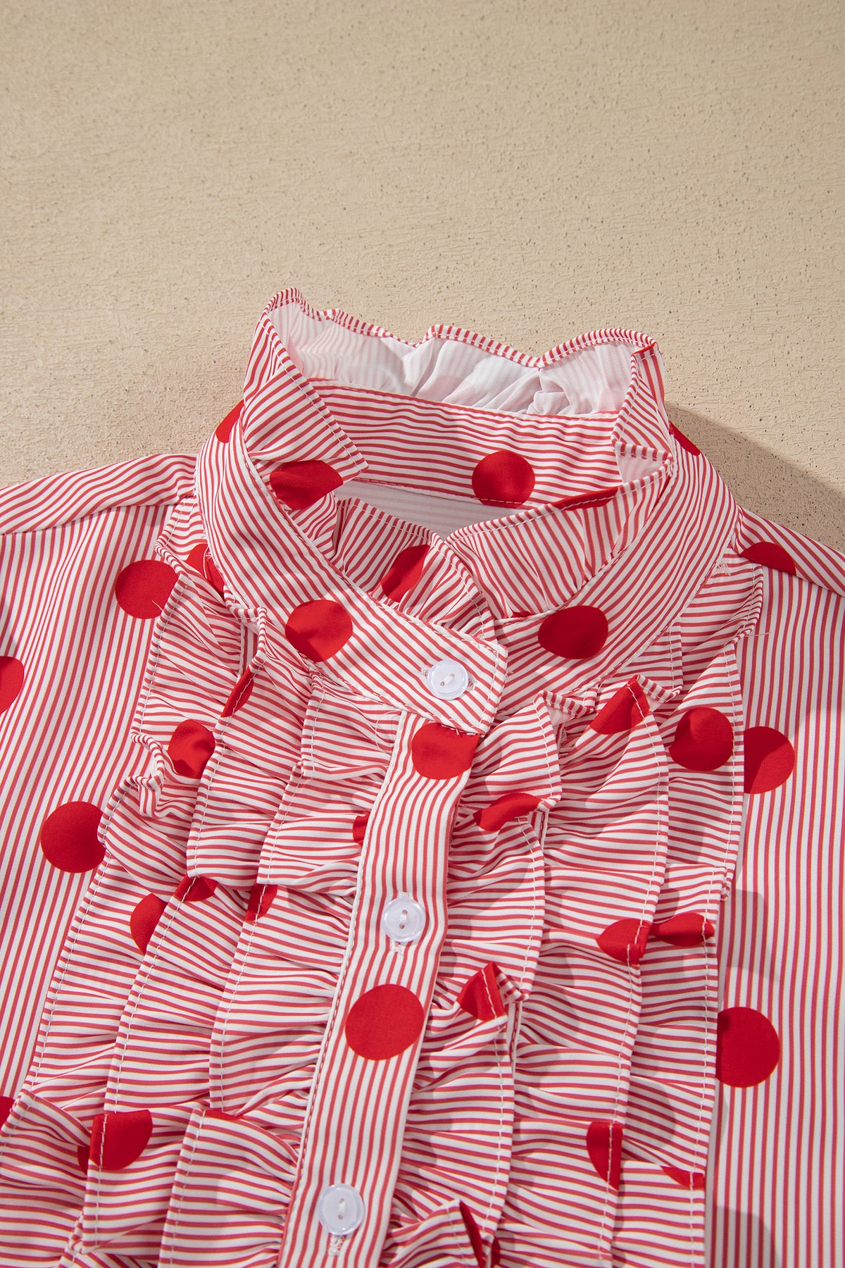 Polka Dot Striped Print Ruffle Stand Neck 3/4 Sleeve Shift Shirt