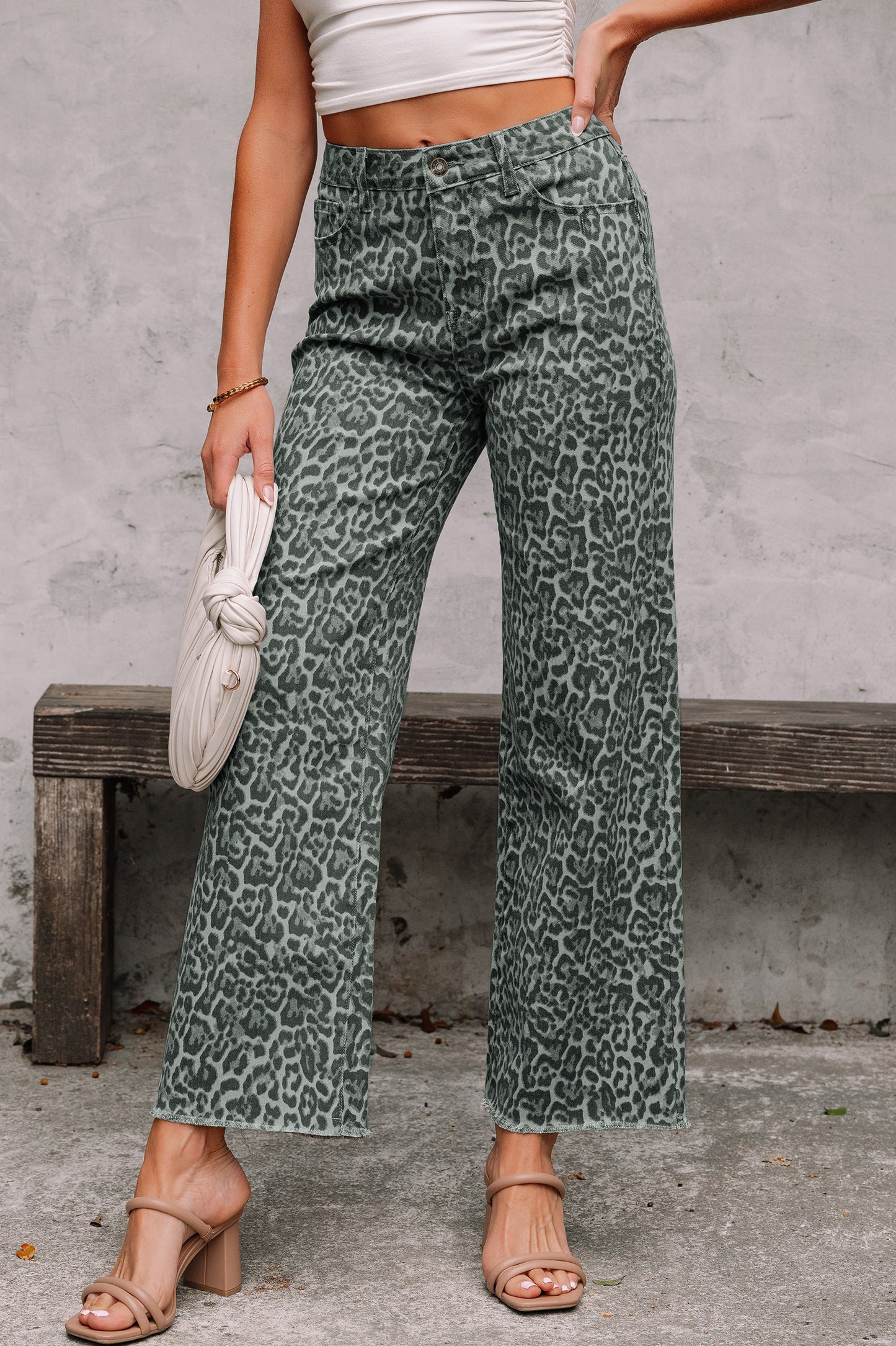 Leopard Frayed Edge Wide Leg High Waist Jeans