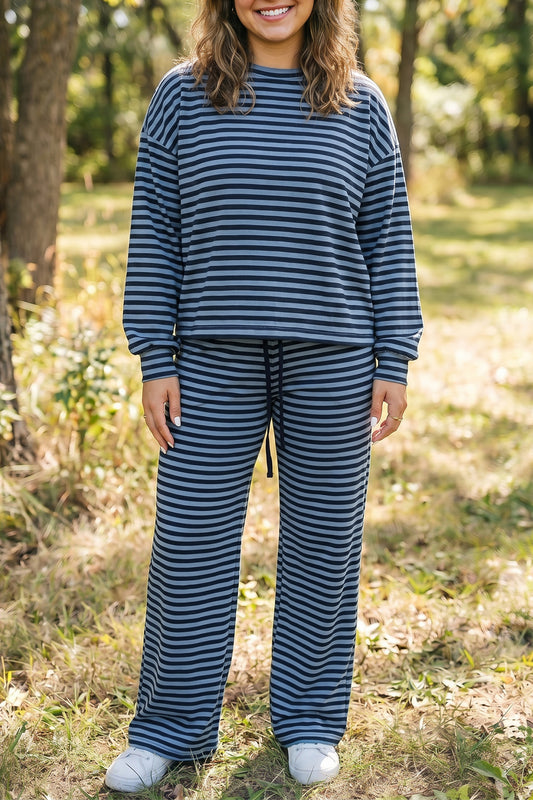 Stripe Long Sleeve Drawstring Waist Plus Size Lounge Pants Set