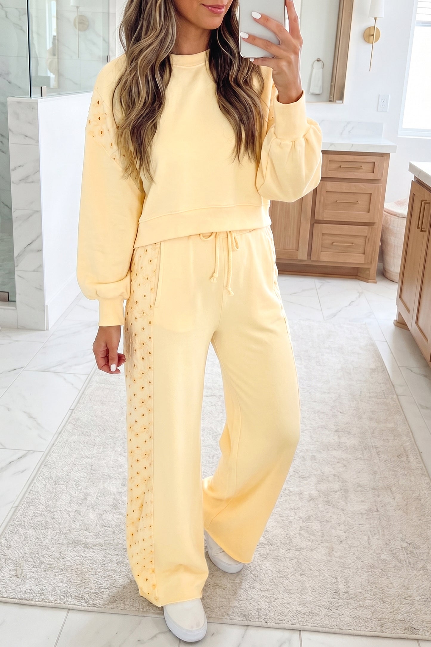 Eyelet Embroidered Lace Patchwork Cropped Pullover Drawstring Pants Set