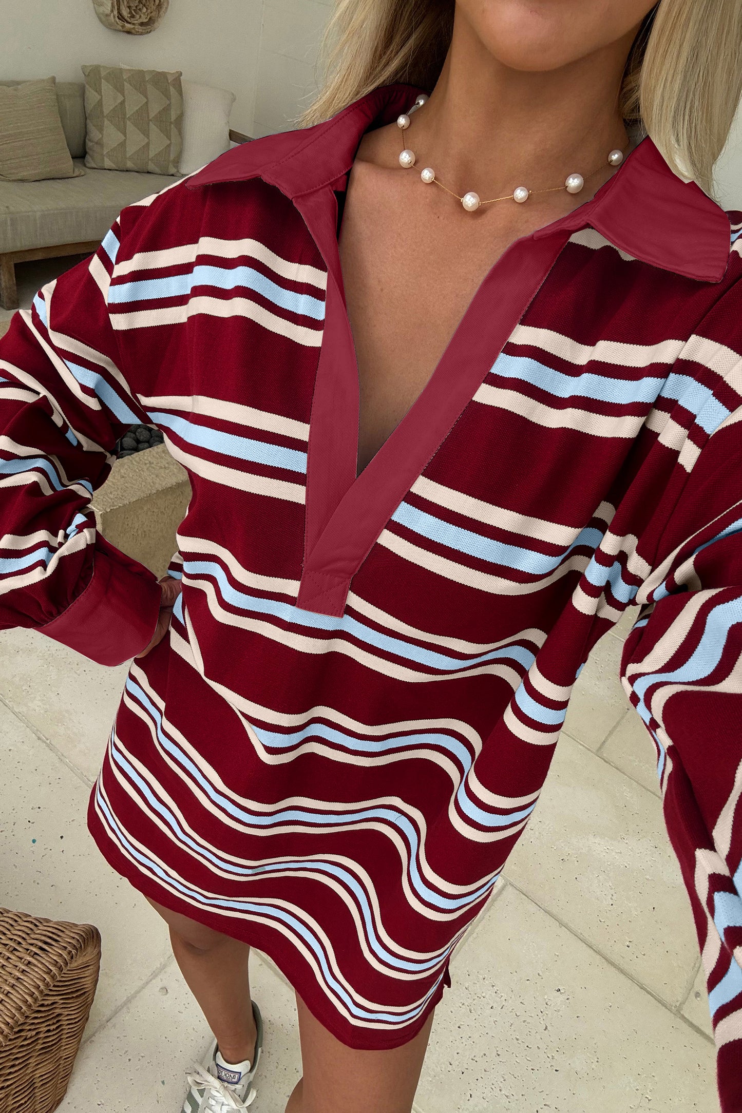 Retro Polo Collar Long Sleeve T Shirt Shift Mini Dress