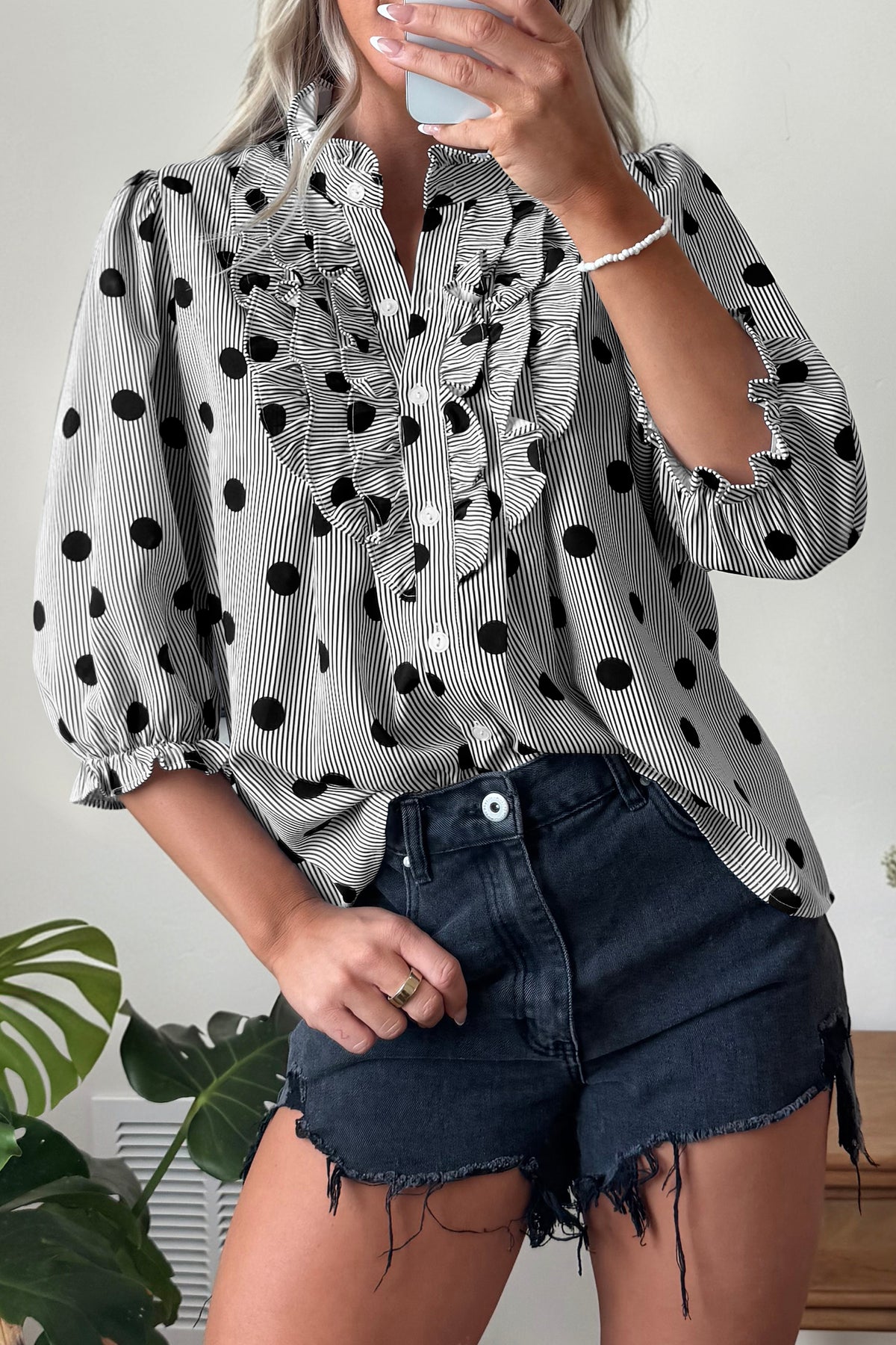 Polka Dot Striped Print Ruffle Stand Neck 3/4 Sleeve Shift Shirt