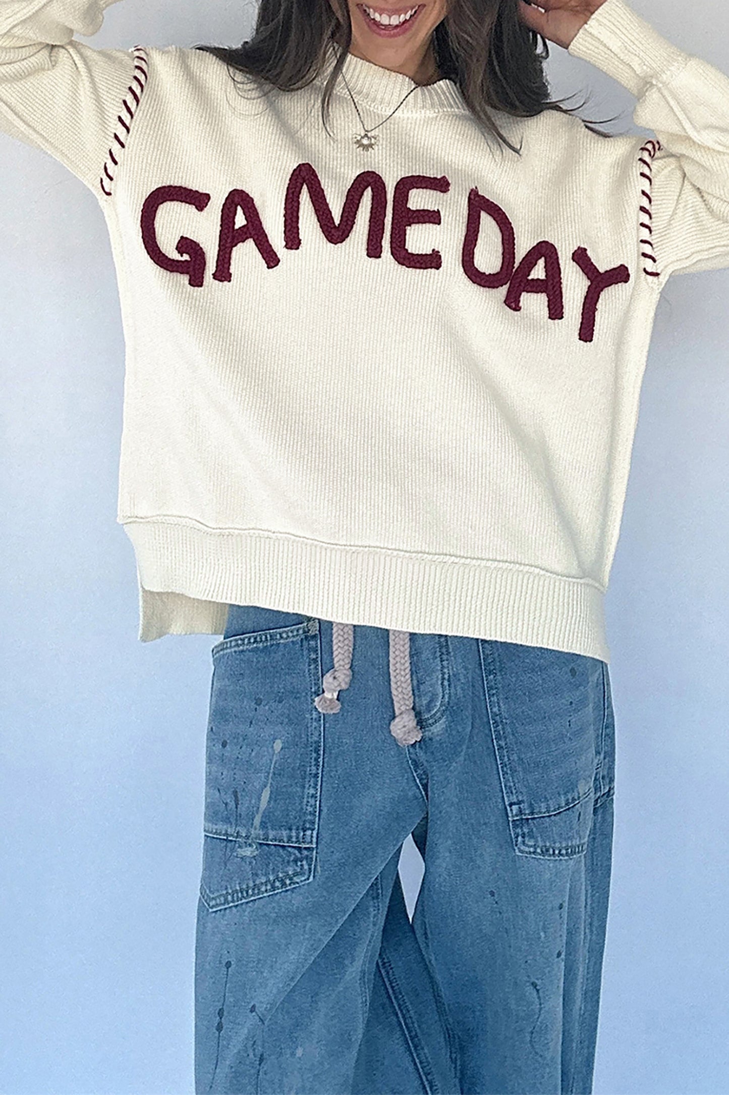 Drop Shoulder Game Day Letter Print Pullover Sweater