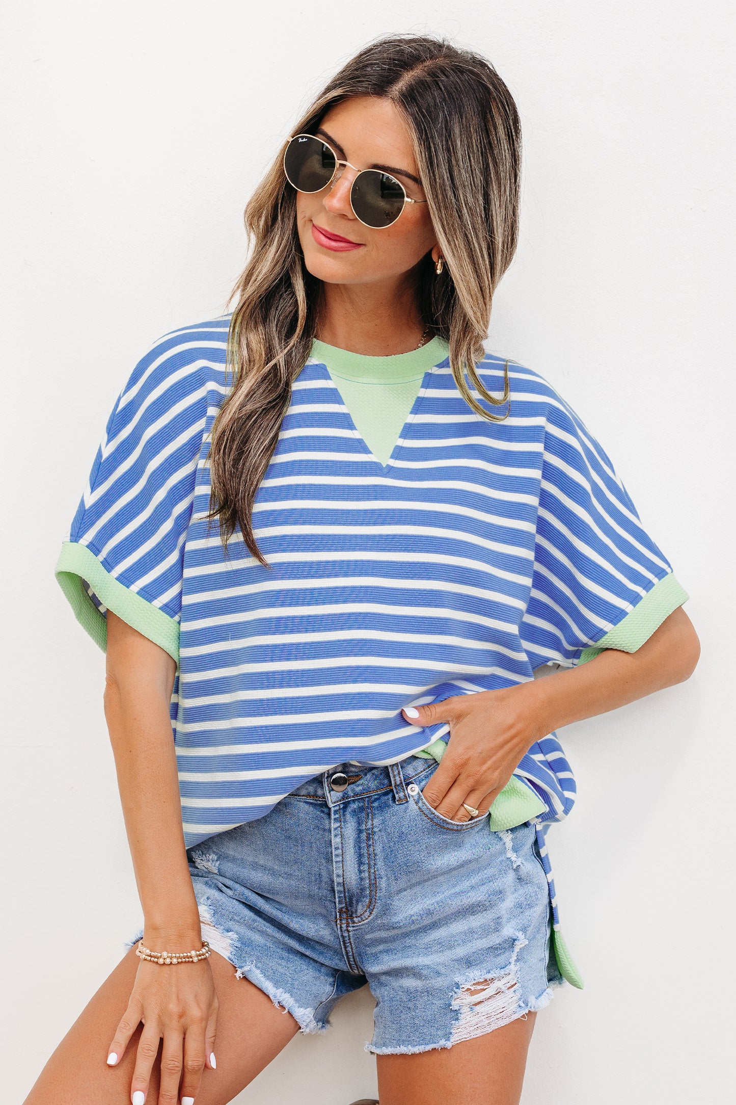 Stripe Contrast Trim Loose Short Sleeve Top
