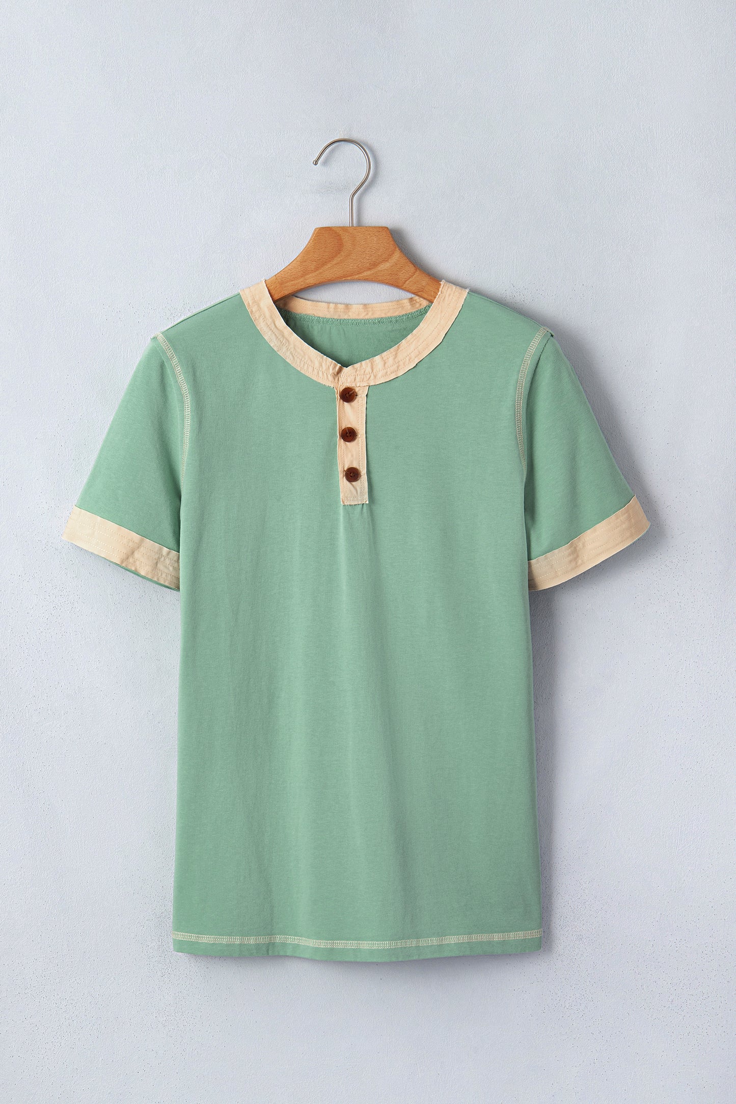 Raw Seam Color Block Detail Buttoned Henley Tee
