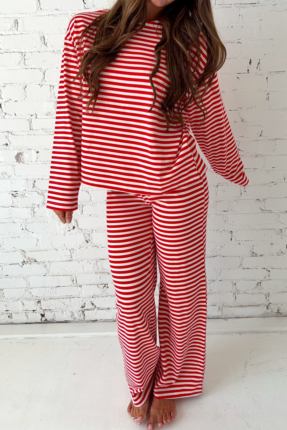 Drop Shoulder Long Sleeve Top Lounge Pants 2pcs Set