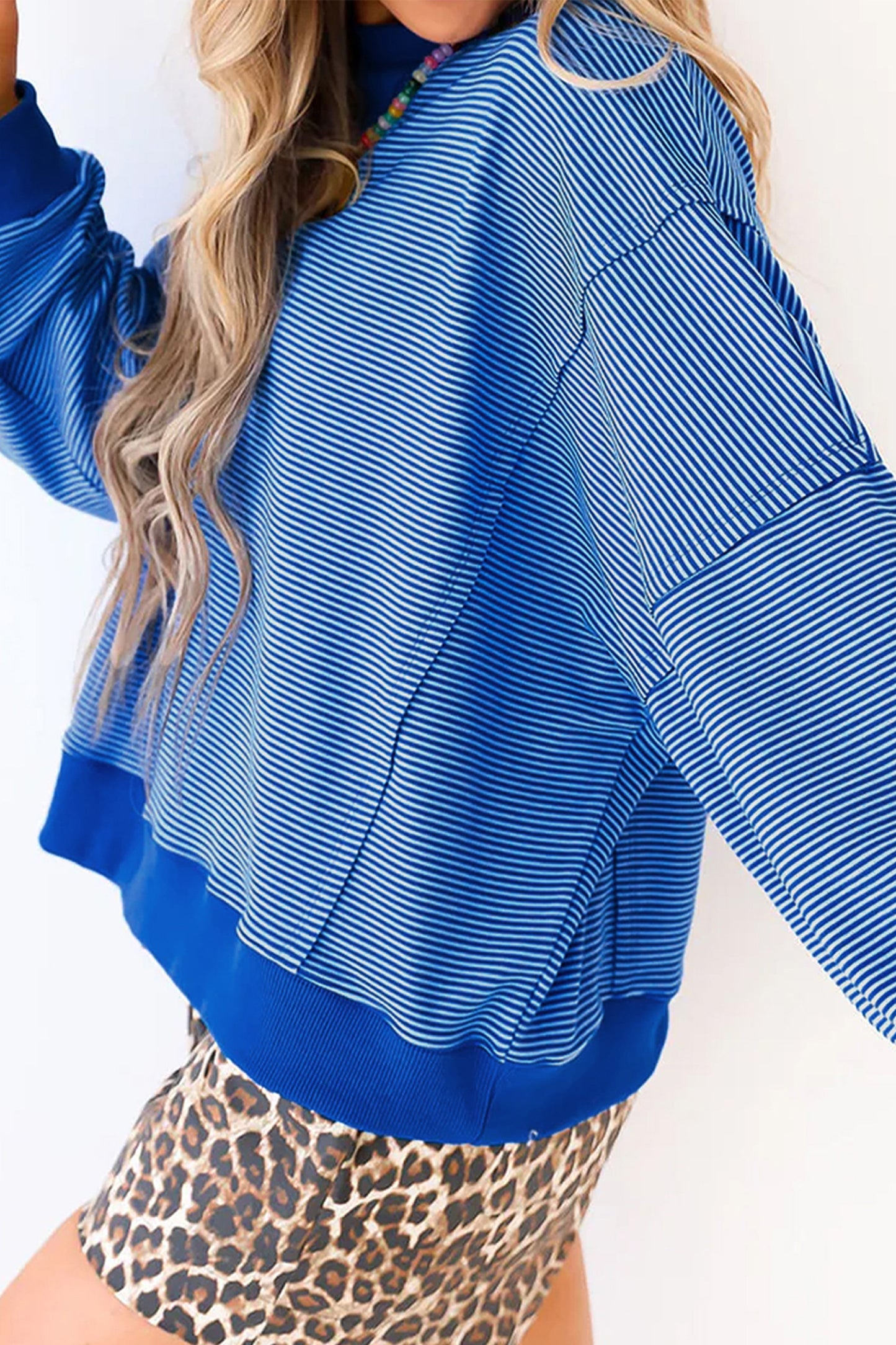Stripe Ribbed Cuffs Hem Long Sleeve Pullover Top