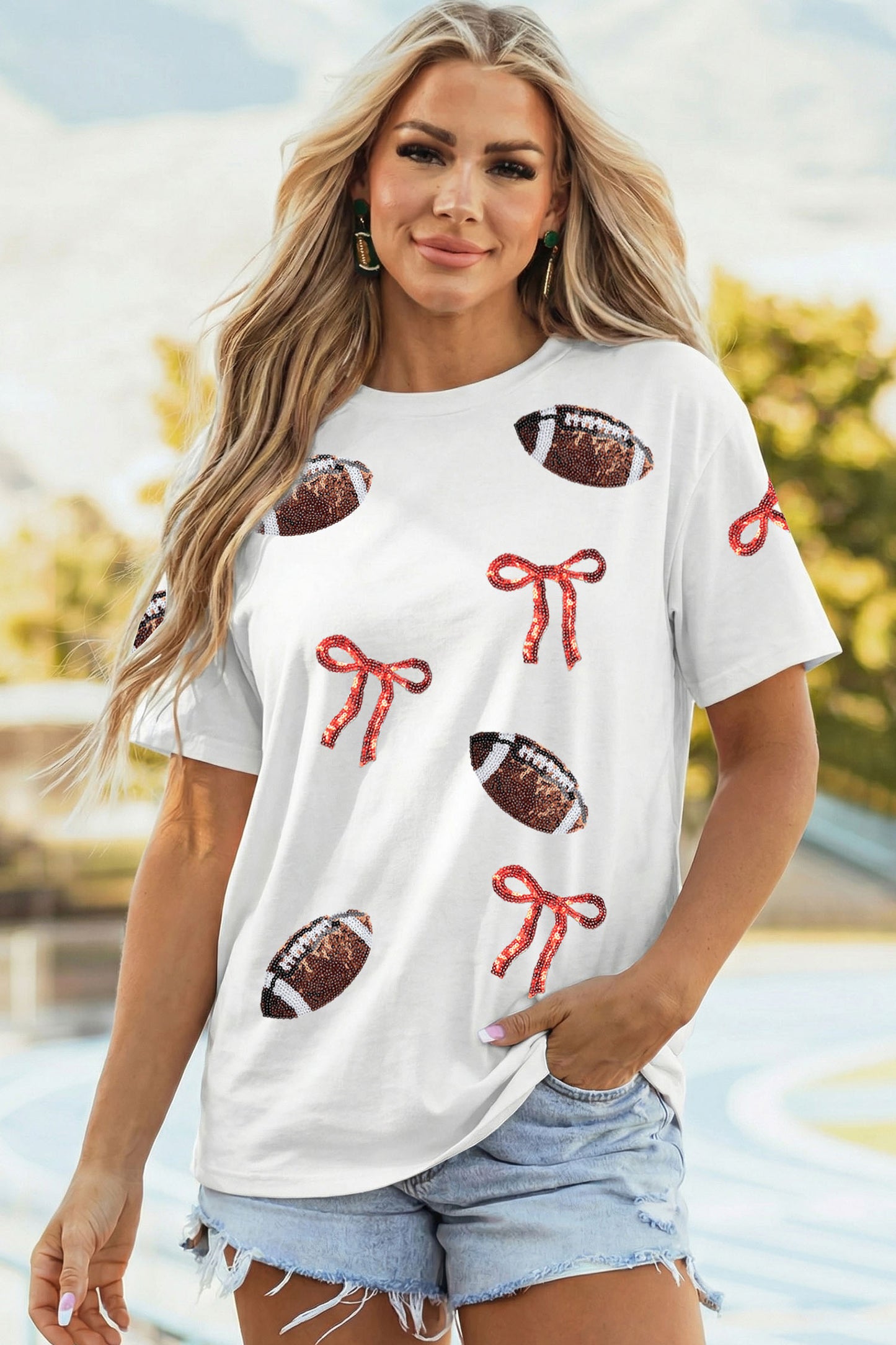 Sequin Rugby Bow Print Round Neck Casual Shift Tee