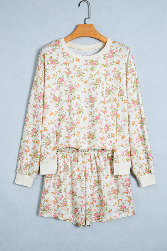 Floral Print Long Sleeve Shift Top Pocketed Shorts 2pcs Set