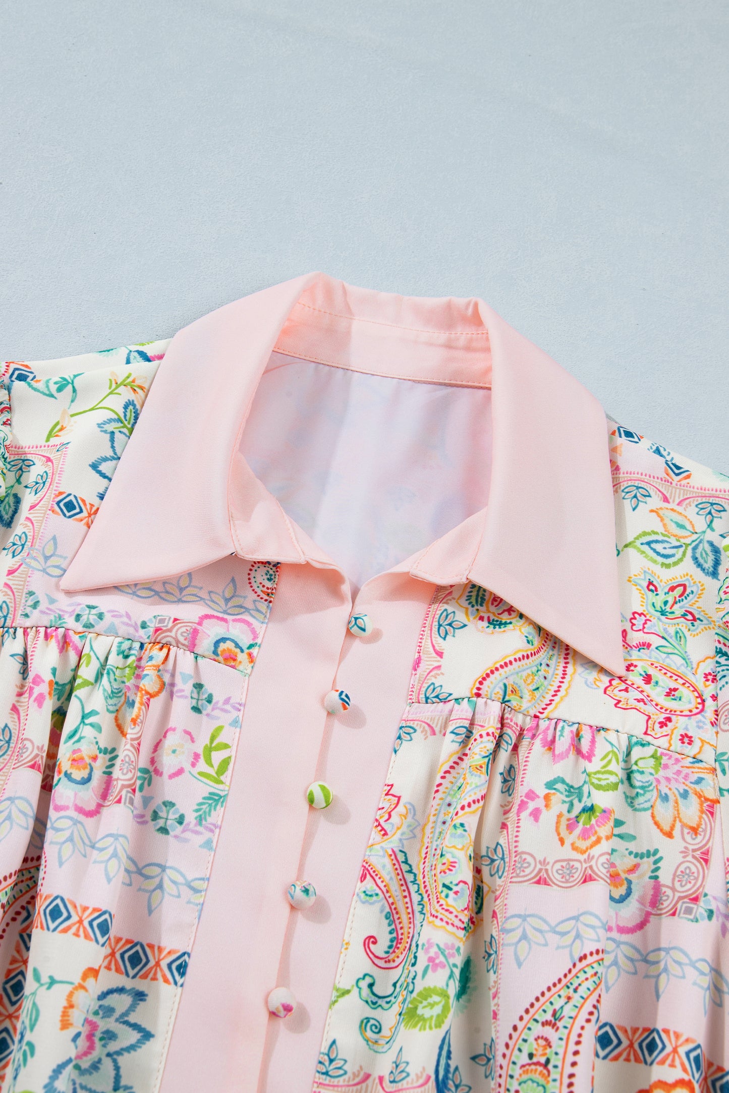 Boho Floral Print Color Block Trim Half Button Belted Mini Dress