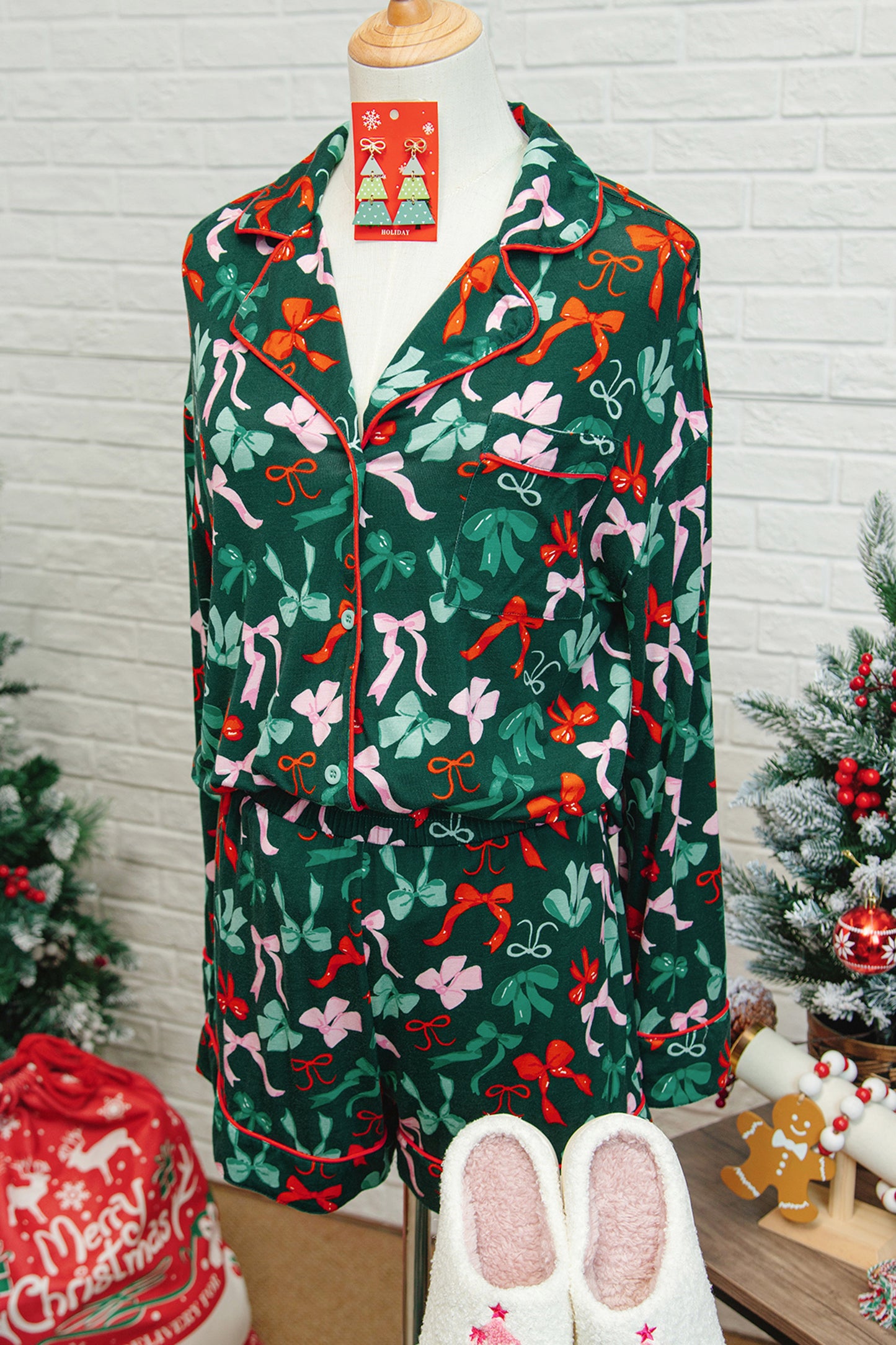 Bow Print Long Sleeve Shirt and Pajama Short Set