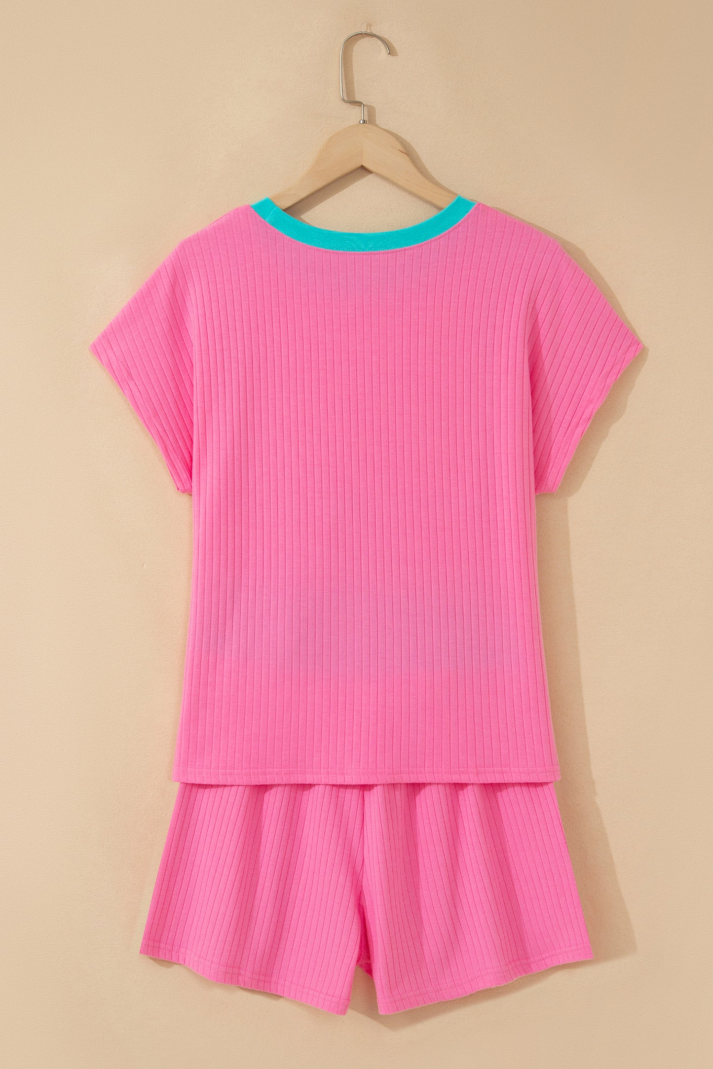 Ribbed Color Block Trim Casual Short Set