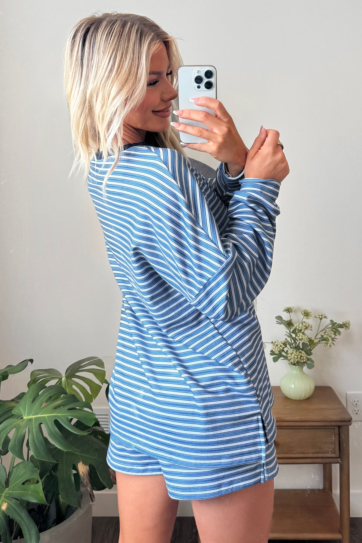 Stripe Long Sleeve Oversized Top Pocketed Casual Shorts Two Piece Set