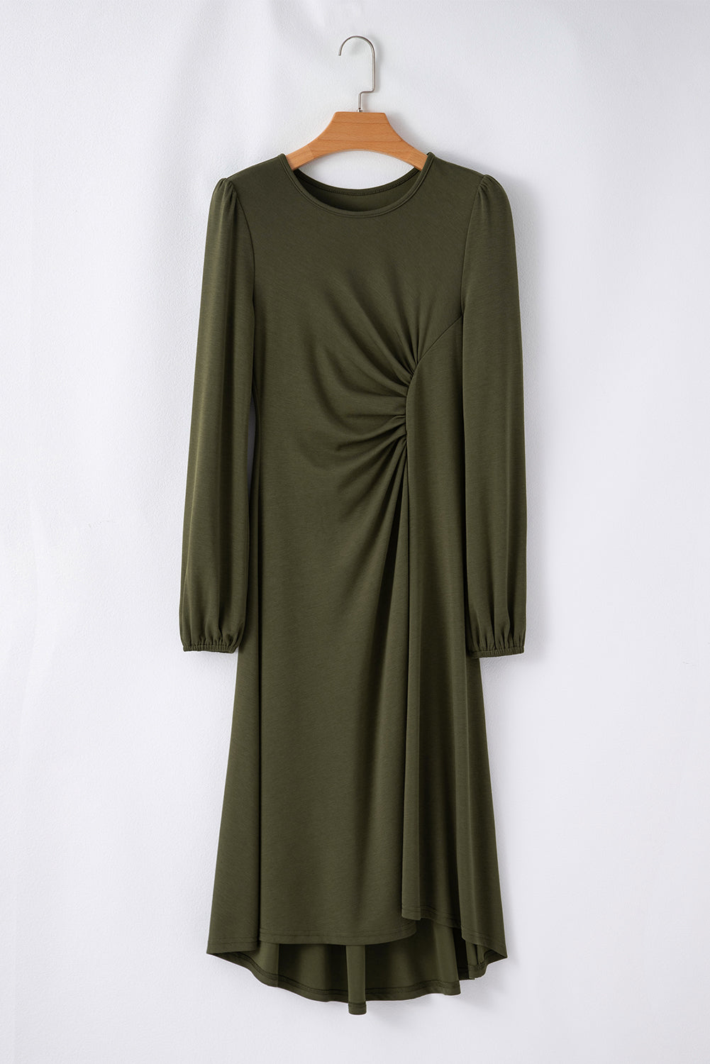 Solid Color Ruched Detail Long Sleeve Midi Dress