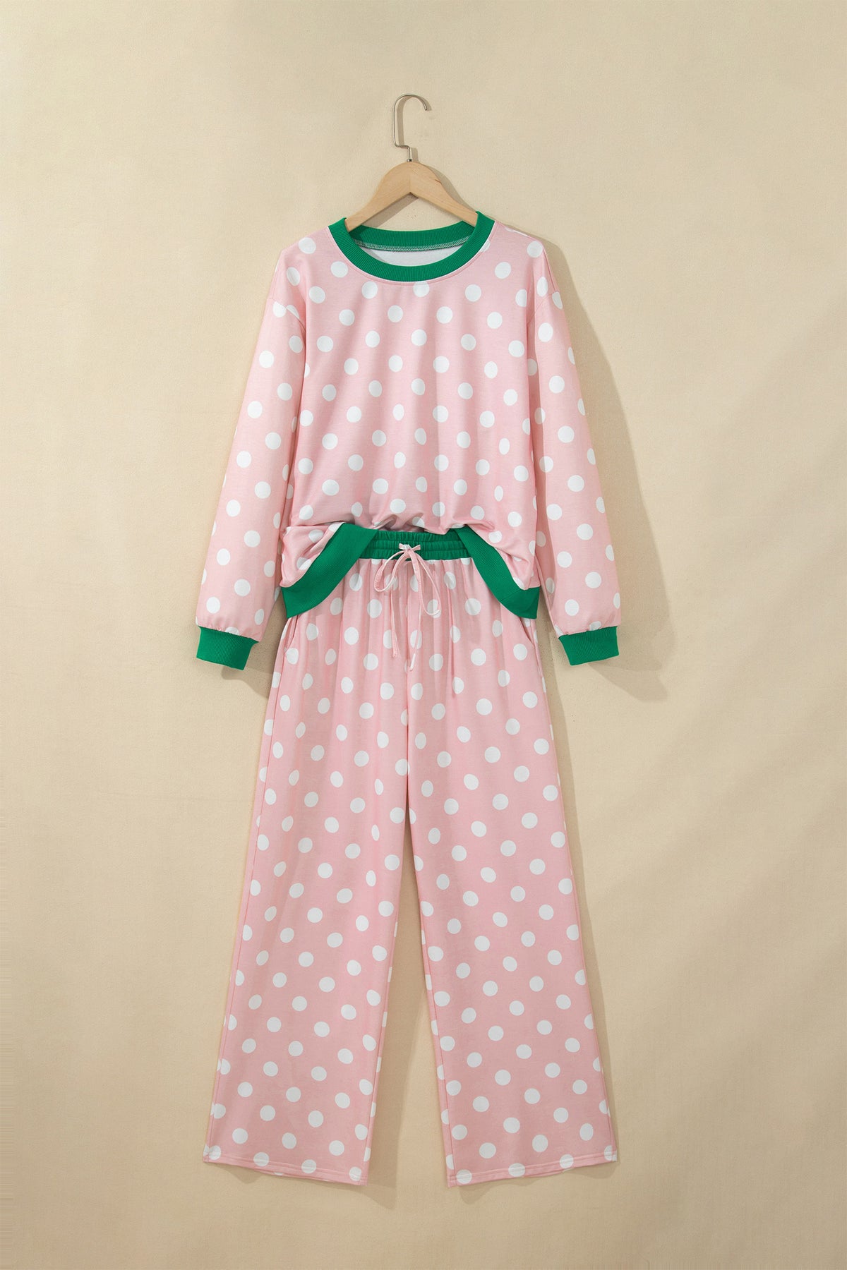Polka Dot Contrast Trim Long Sleeve Top Drawstring Shift Pants Set