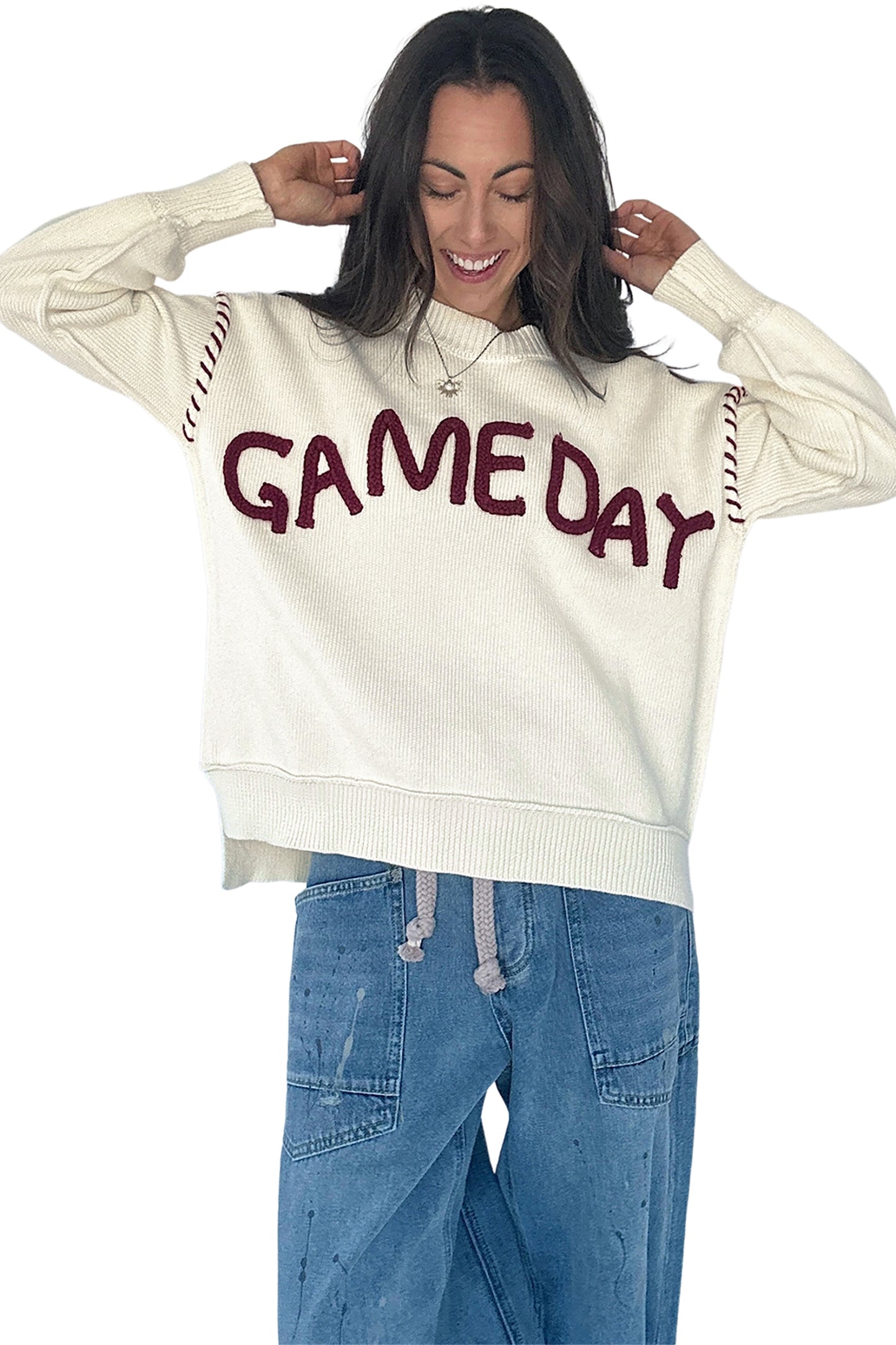 Drop Shoulder Game Day Letter Print Pullover Sweater