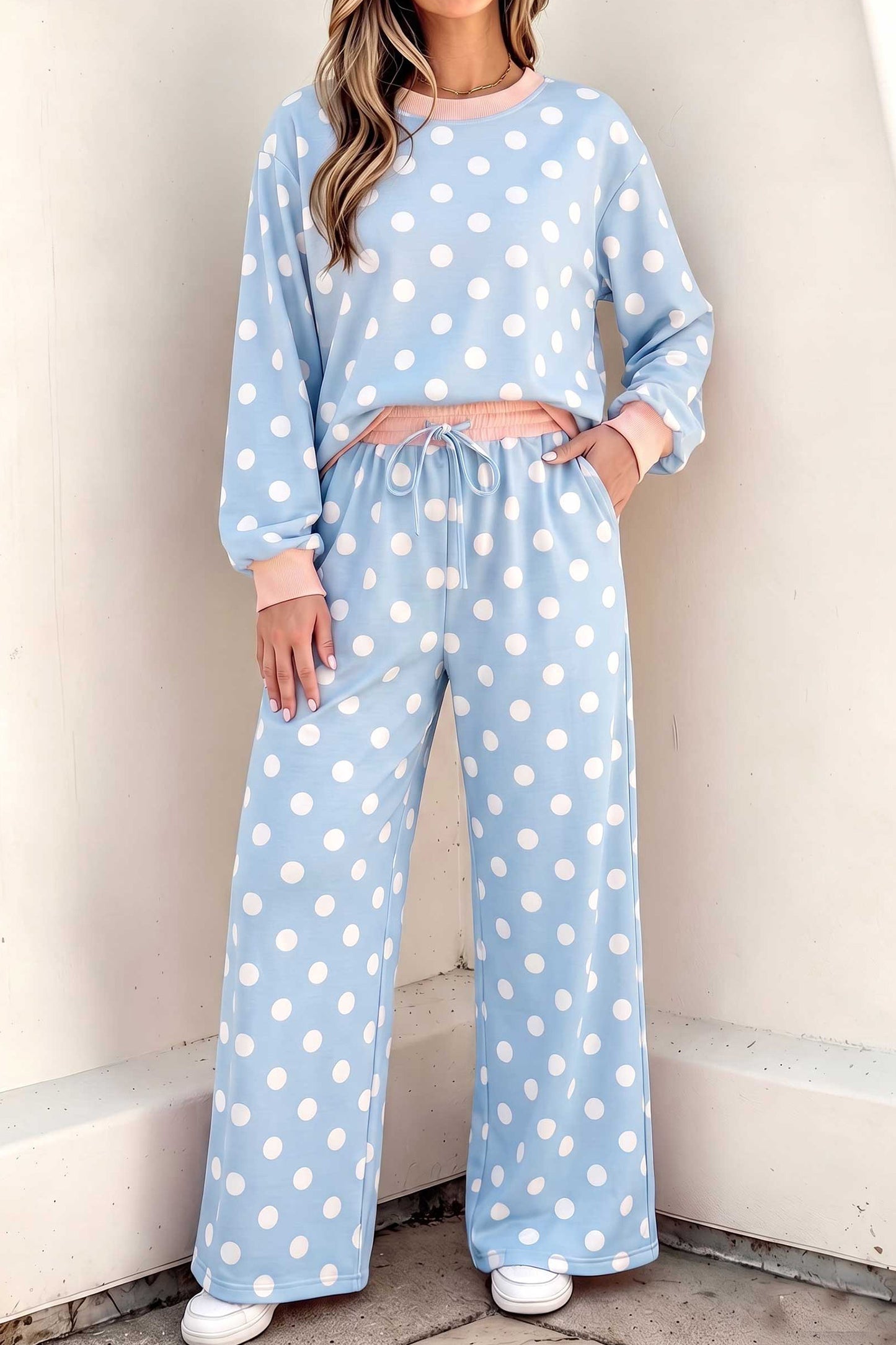Polka Dot Contrast Trim Long Sleeve Top Drawstring Shift Pants Set
