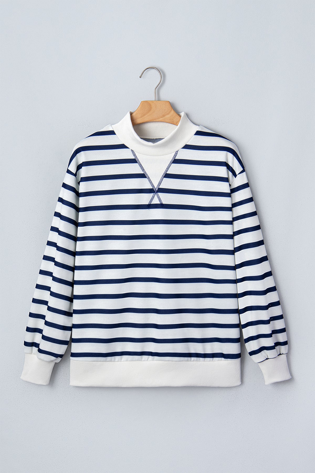 Stripe Striped Stand Neck Long Sleeve Ribbed Cuff Hem Sweatshirt