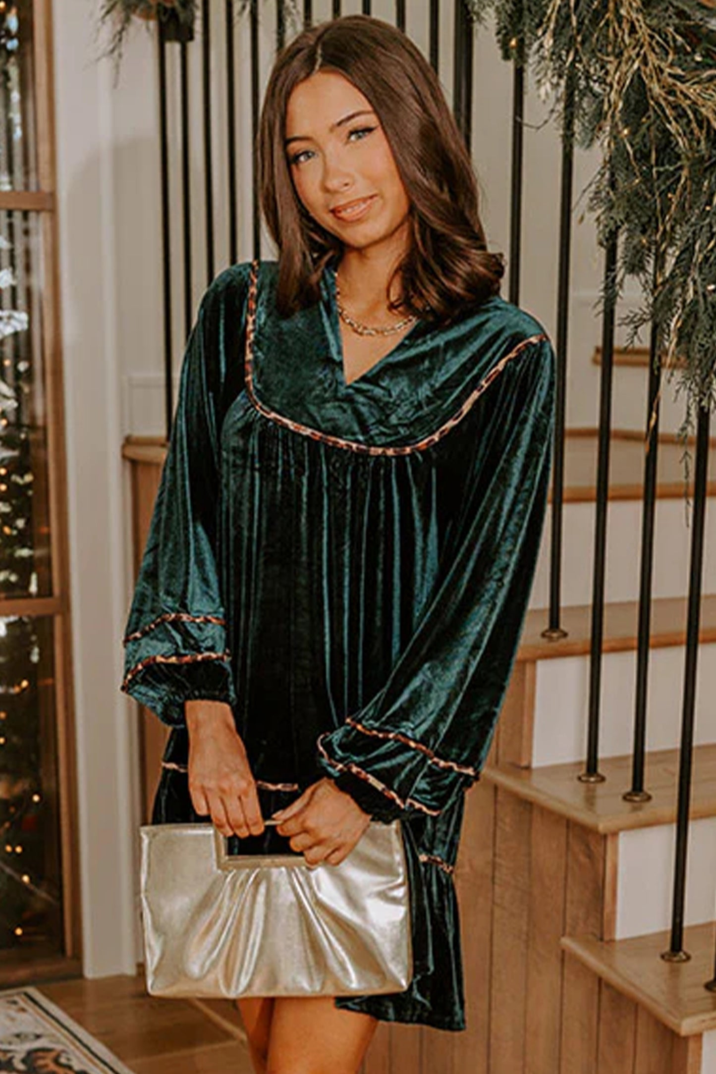 Leopard Trim Velvet Long Sleeve Shift Dress